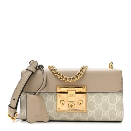 GUCCI SMALL PADLOCK CHAIN SHOULDER BAG BEIGE / MYSTIC WHITE / OATMEAL GG SUPREME MONOGRAM CANVAS & TEXTURED DOLLAR CALFSKIN LEATHER GOLD HARDWARE