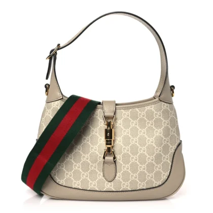 GUCCI SMALL WEB JACKIE 1961 HOBO BEIGE / MYSTIC WHITE / OATMEAL GG SUPREME MONOGRAM CANVAS & TEXTURED DOLLAR CALFSKIN LEATHER GOLD HARDWARE