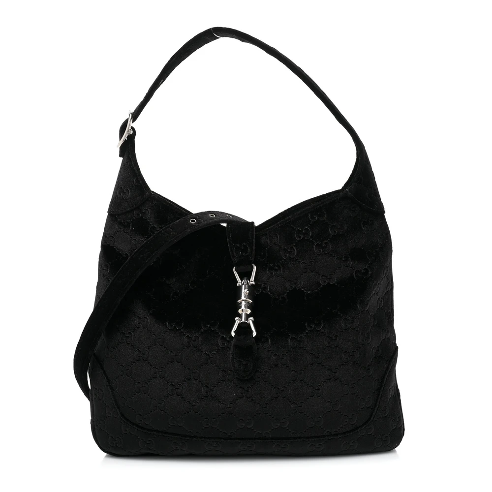 GUCCI SMALL JACKIE 1961 HOBO BLACK GG MONOGRAM VELVET SILVER HARDWARE