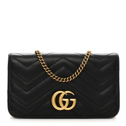 GUCCI MINI GG MARMONT BAG BLACK CALFSKIN MATELASS?? LEATHER AGED GOLD HARDWARE