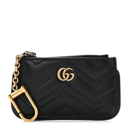 GUCCI SMALL GG MARMONT KEY CASE BLACK CALFSKIN MATELASS?? LEATHER GOLD HARDWARE