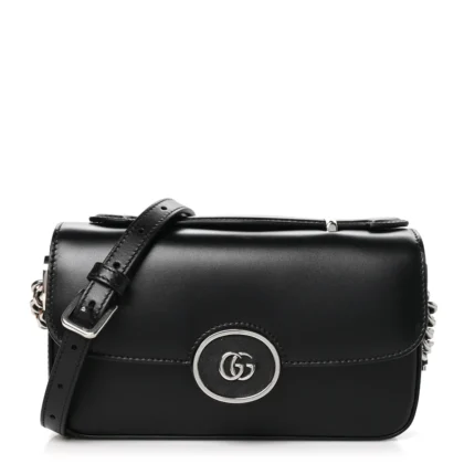 GUCCI SMALL PETITE GG TOP HANDLE SHOULDER BAG BLACK CALFSKIN LEATHER SILVER HARDWARE