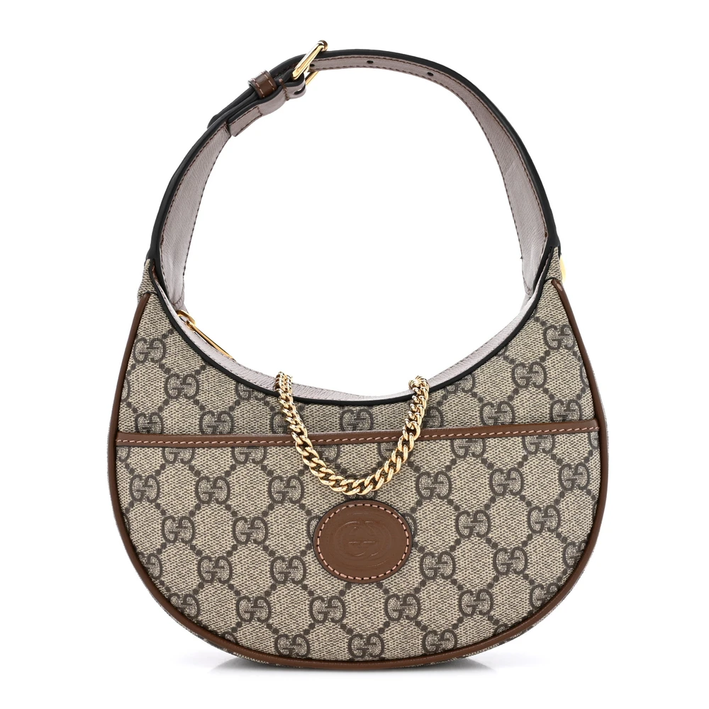 GUCCI SMALL JACKIE 1961 HOBO BEIGE / EBONY BROWN SUGAR GG SUPREME MONOGRAM CANVAS & AZALEA CALFSKIN LEATHER GOLD HARDWARE