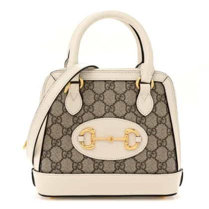 GUCCI MINI HORSEBIT 1955 TOP HANDLE BAG BEIGE / EBONY / MYSTIC WHITE GG SUPREME MONOGRAM CANVAS & AZALEA CALFSKIN LEATHER GOLD HARDWARE