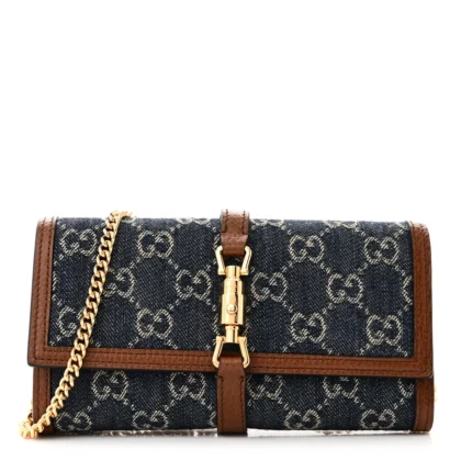 GUCCI SMALL JACKIE 1961 CHAIN WALLET BLUE TEA CALFSKIN LEATHER & GG MONOGRAM NEW DENIM GOLD HARDWARE