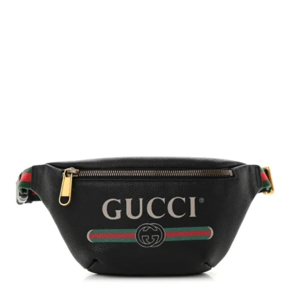 GUCCI SMALL LOGO BELT BAG BLACK GRAINED CALFSKIN LEATHER AGED GOLD HARDWARE