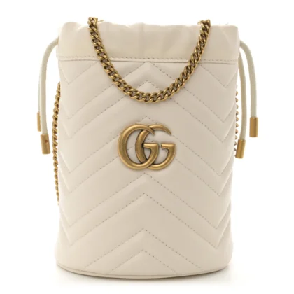 GUCCI MINI GG MARMONT 2.0 BUCKET BAG WHITE CALFSKIN MATELASS?? LEATHER AGED GOLD HARDWARE