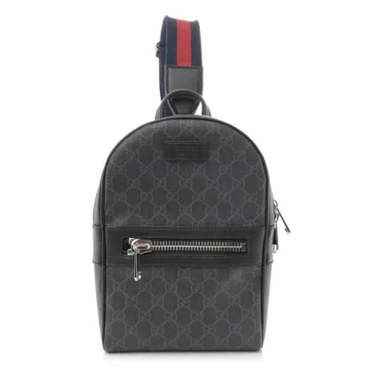 GUCCI MEDIUM SLING BACKPACK BLACK/GREY GG SUPREME MONOGRAM CANVAS & CALFSKIN LEATHER SILVER HARDWARE