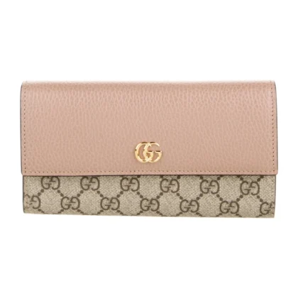 GUCCI MEDIUM PRINTED CONTINENTAL WALLET BROWN/PINK MATELASS?? CHEVRON LEATHER GOLD HARDWARE