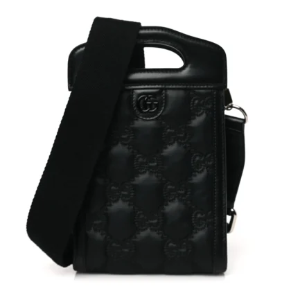 GUCCI MINI TOP SLIP HANDLE CROSSBODY BAG BLACK NYLON & GG ENAMEL CALFSKIN MATELASS?? LEATHER BLACK HARDWARE