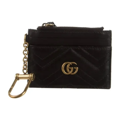GUCCI SMALL GG MARMONT KEY CASE BLACK CALFSKIN MATELASS?? LEATHER GOLD HARDWARE