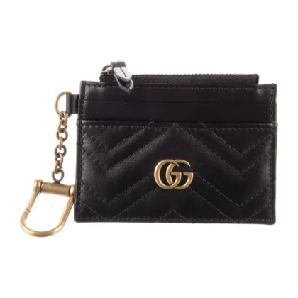 GUCCI SMALL MARMONT KEYCHAIN WALLET DOUBLE G LOGO WALLET BLACK CALFSKIN LEATHER GOLD HARDWARE