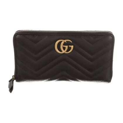 GUCCI LARGE MARMONT DOUBLE G LOGO CONTINENTAL WALLET BLACK GG CANVAS GOLD HARDWARE