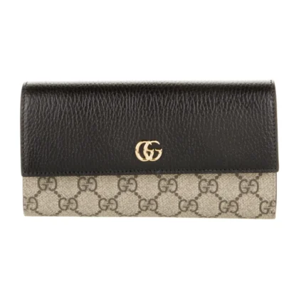 GUCCI MEDIUM PRINTED CONTINENTAL WALLET BLACK AND BROWN MATELASS?? CHEVRON LEATHER GOLD HARDWARE