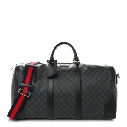 GUCCI LARGE CARRY-ON DUFFLE BAG BLACK/GREY SOFT GG SUPREME MONOGRAM CANVAS & APPIA CALFSKIN LEATHER