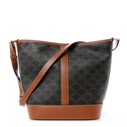 CELINE MEDIUM BUCKET BAG TAN TRIOMPHE CANVAS & CALFSKIN LEATHER