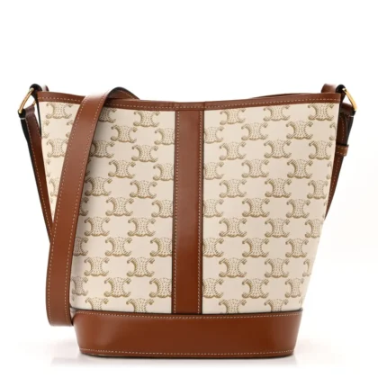 CELINE SMALL BUCKET BAG WHITE TRIOMPHE CANVAS & CALFSKIN LEATHER GOLD HARDWARE