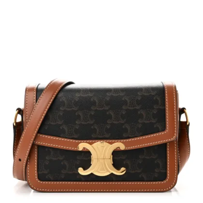 CELINE SMALL TEEN TRIOMPHE BAG TAN CALFSKIN LEATHER & TRIOMPHE CANVAS GOLD HARDWARE