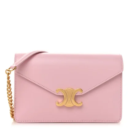 CELINE TRIOMPHE MARGO WALLET ON CHAIN PASTEL PINK SHINY CALFSKIN LEATHER GOLD HARDWARE