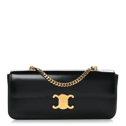 CELINE SMALL TRIOMPHE CHAIN SHOULDER BAG BLACK SHINY CALFSKIN LEATHER GOLD HARDWARE