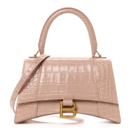 BALENCIAGA SMALL HOURGLASS TOP HANDLE BAG NUDE BEIGE CROCODILE EMBOSSED SHINY CALFSKIN LEATHER GOLD HARDWARE