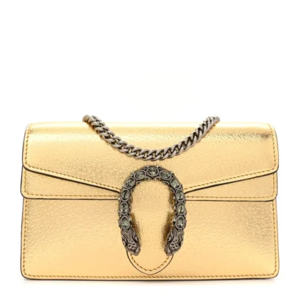 GUCCI SUPER MINI DIONYSUS SHOULDER BAG METALLIC GOLD CALFSKIN LEATHER AGED SILVER HARDWARE