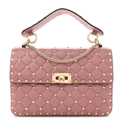 VALENTINO GARAVANI MEDIUM ROCKSTUD SPIKE SHOULDER BAG ANTIQUE ROSE LAMBSKIN LEATHER LIGHT GOLD HARDWARE