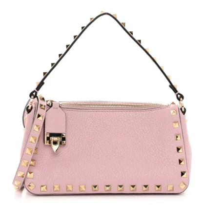 VALENTINO GARAVANI SMALL ROCKSTUD FLIP LOCK SHOULDER BAG WATER ROSE PEBBLED CALFSKIN LEATHER GOLD HARDWARE