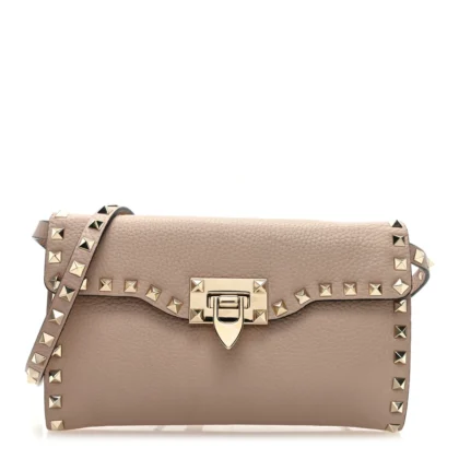 VALENTINO GARAVANI MEDIUM ROCKSTUD FLIP LOCK SHOULDER BAG POUDRE PEBBLED CALFSKIN LEATHER