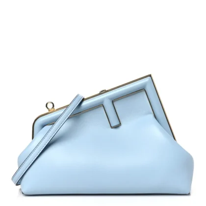 FENDI SMALL FENDI FIRST AZZURRO BABY SHINY NAPPA LEATHER GOLD HARDWARE