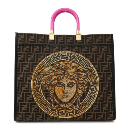 FENDI LARGE FENDACE FF MEDUSA STUDDED FENDI SUNSHINE SHOPPER TOTE (F X V) MARRONE/FUXIA JACQUARD FABRIC, CALFSKIN LEATHER, & PLEXIGLASS GOLD HARDWARE