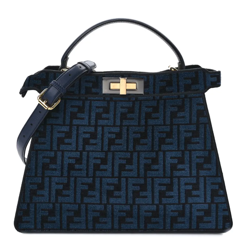 FENDI MEDIUM FF PEEKABOO I SEE U SATCHEL BLUE/BLACK CHENILLE & VITELLO SETA LEATHER GOLD HARDWARE