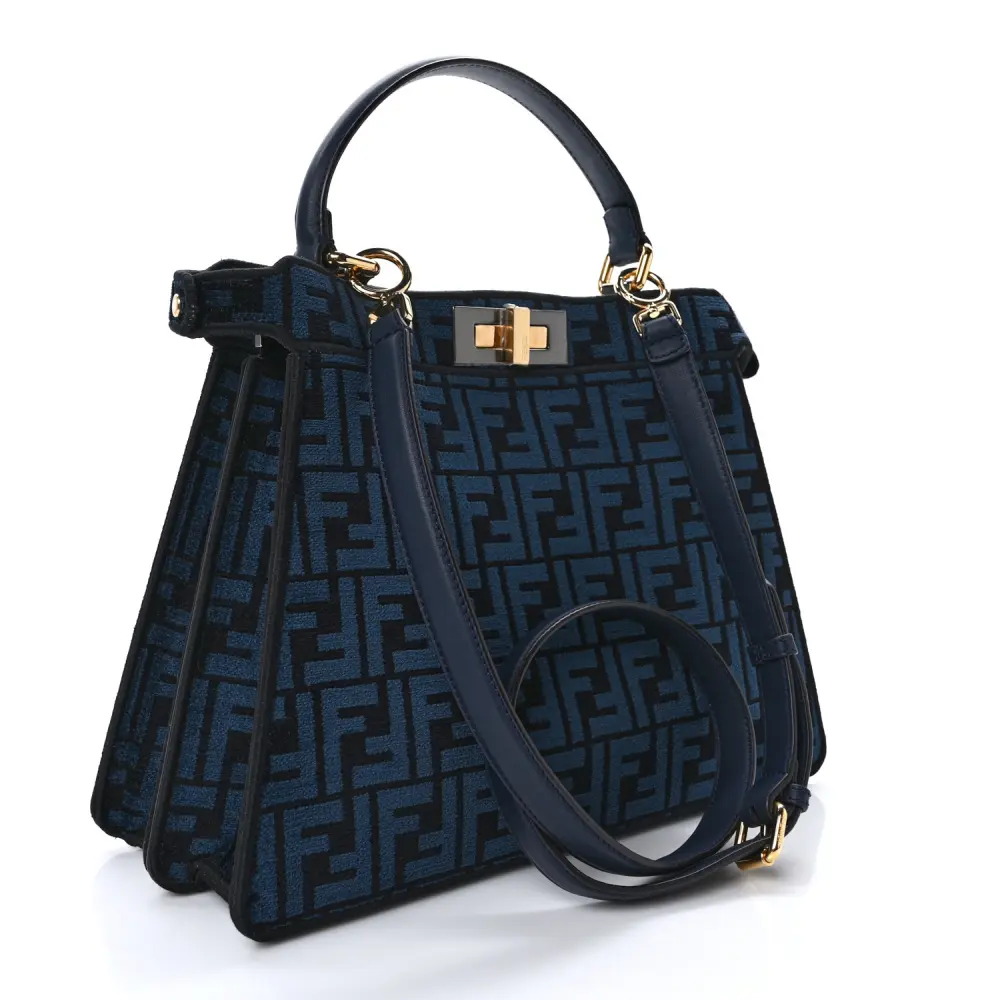 FENDI MEDIUM FF PEEKABOO I SEE U SATCHEL BLUE/BLACK CHENILLE & VITELLO SETA LEATHER GOLD HARDWARE - Image 2