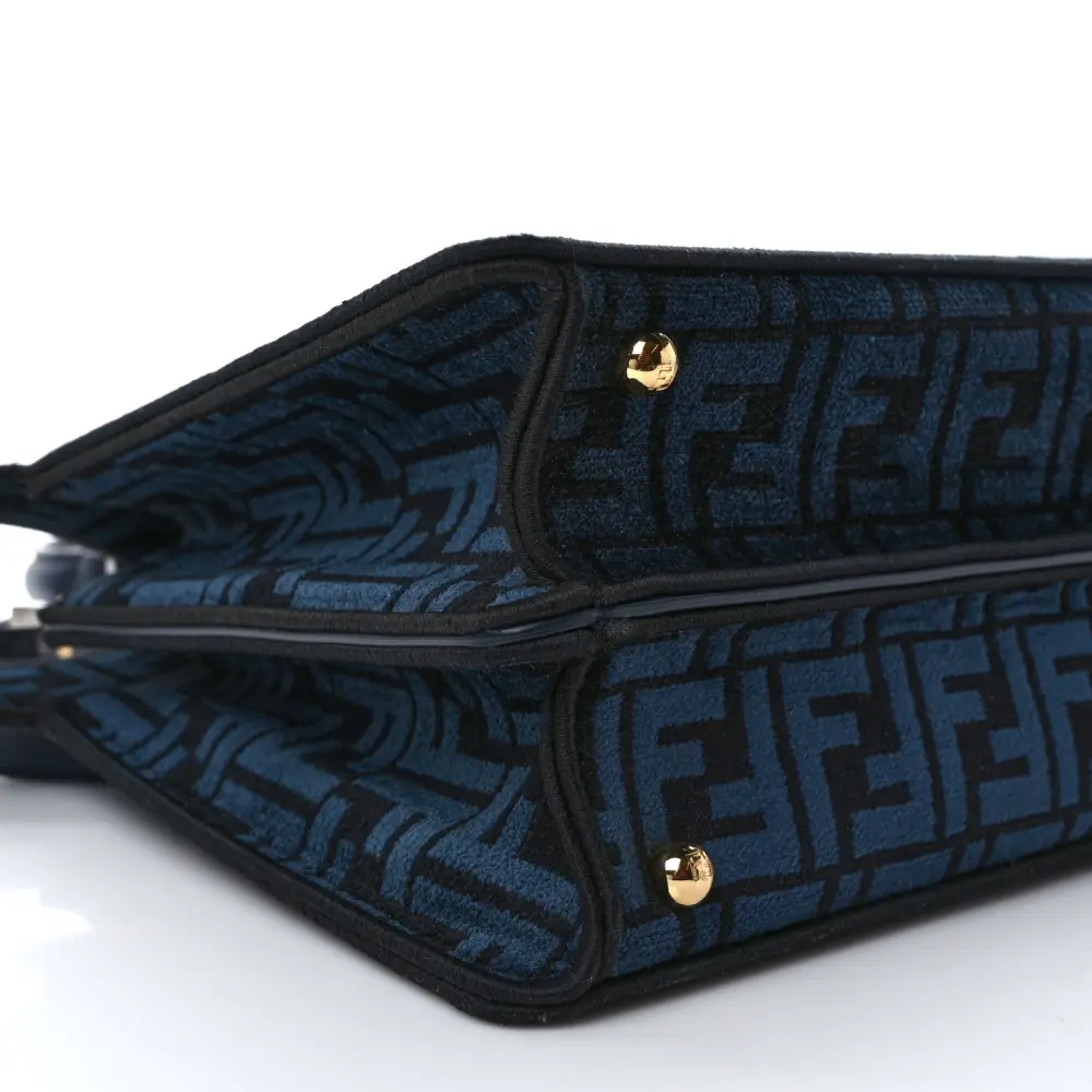 FENDI MEDIUM FF PEEKABOO I SEE U SATCHEL BLUE/BLACK CHENILLE & VITELLO SETA LEATHER GOLD HARDWARE - Image 3