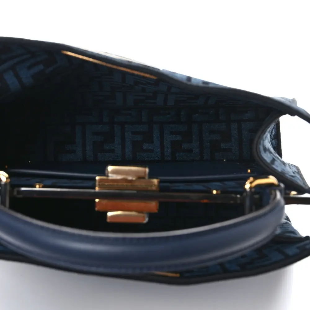 FENDI MEDIUM FF PEEKABOO I SEE U SATCHEL BLUE/BLACK CHENILLE & VITELLO SETA LEATHER GOLD HARDWARE - Image 6