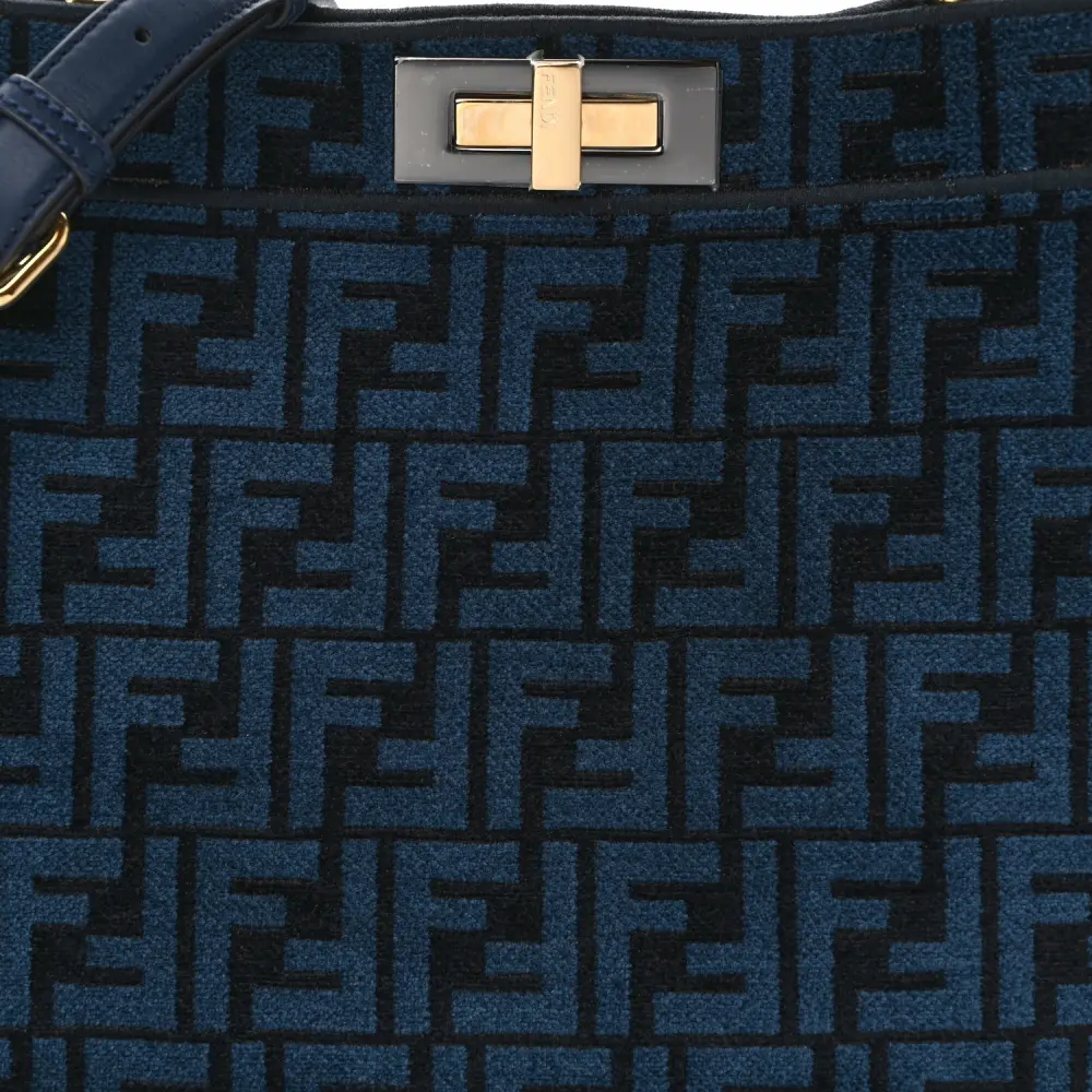 FENDI MEDIUM FF PEEKABOO I SEE U SATCHEL BLUE/BLACK CHENILLE & VITELLO SETA LEATHER GOLD HARDWARE - Image 9