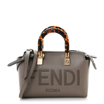 FENDI MINI LOGO EMBOSSED BY THE WAY TOP HANDLE BOSTON BAG DARK GREY KING VITELLO LEATHER & PLEXIGLASS GOLD HARDWARE