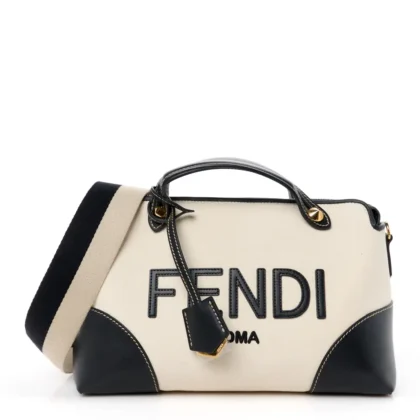 FENDI MEDIUM LOGO EMBROIDERED BY THE WAY BOSTON BAG GREZZO/BLACK CANVAS & KING VITELLO LEATHER GOLD HARDWARE