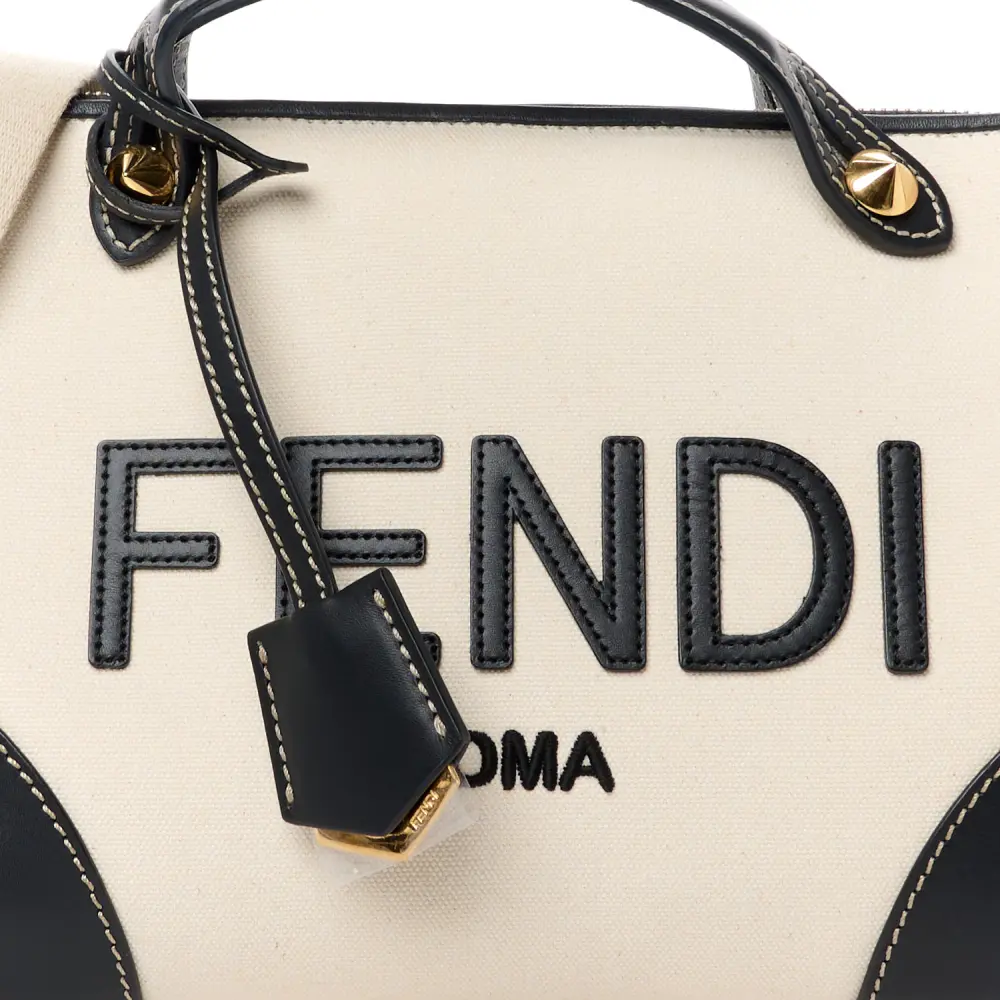 FENDI MEDIUM LOGO EMBROIDERED BY THE WAY BOSTON BAG GREZZO/BLACK CANVAS & KING VITELLO LEATHER GOLD HARDWARE - Image 2
