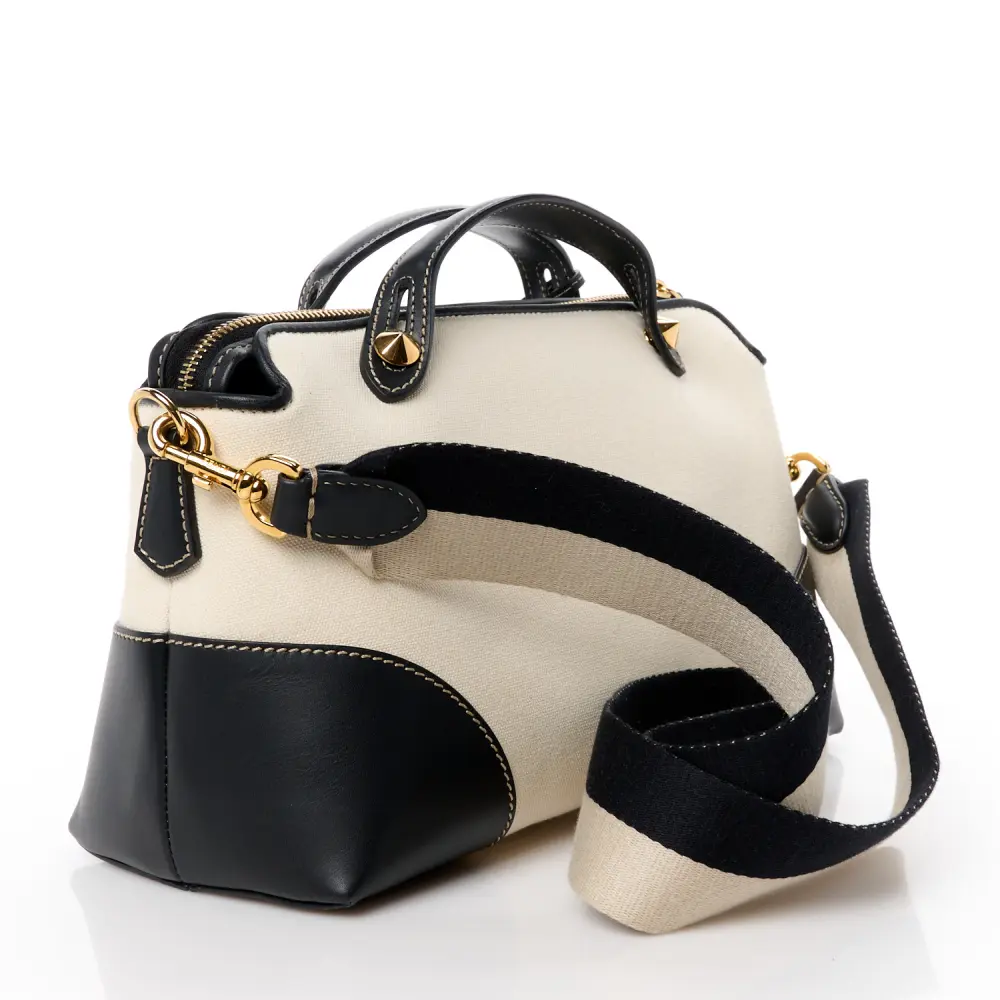 FENDI MEDIUM LOGO EMBROIDERED BY THE WAY BOSTON BAG GREZZO/BLACK CANVAS & KING VITELLO LEATHER GOLD HARDWARE - Image 4