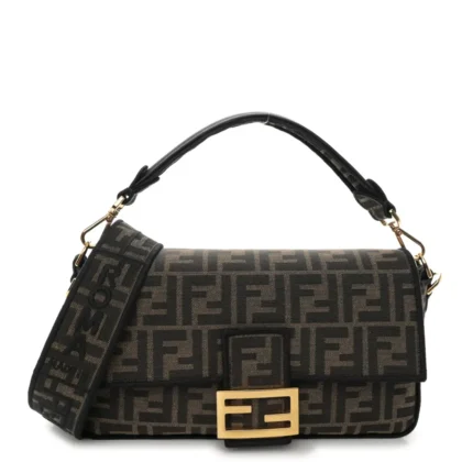 FENDI MEDIUM FF 1974 BAGUETTE TOBACCO/MORO/BLACK JACQUARD FABRIC GOLD HARDWARE