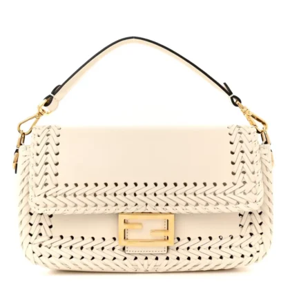 FENDI CEYLON WOVEN BAGUETTE WHITE ICE KING VITELLO LEATHER GOLD HARDWARE