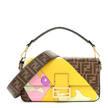 FENDI FF 1974 HAIRDO GIRLS INLAY BAGUETTE MOGANO/PANNA/MULTICOLOR GLAZED FABRIC GOLD HARDWARE