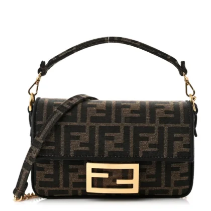FENDI MINI FF 1974 BAGUETTE TOBACCO/MORO/BLACK JACQUARD FABRIC GOLD HARDWARE
