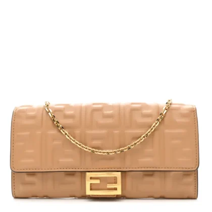 FENDI FF EMBOSSED CONTINENTAL WALLET ON CHAIN (WOC) MATISSE NAPPA LEATHER MIELE SCURO GOLD HARDWARE