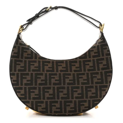 FENDI SMALL FF 1974 FENDIGRAPHY HOBO BAG TOBACCO/MORO/EBANO JACQUARD FABRIC & GRACE VITELLO LEATHER GOLD HARDWARE
