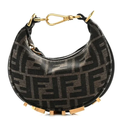 FENDI NANO FF 1974 FENDIGRAPHY HOBO CHARM TOBACCO/MORO JACQUARD FABRIC GOLD HARDWARE