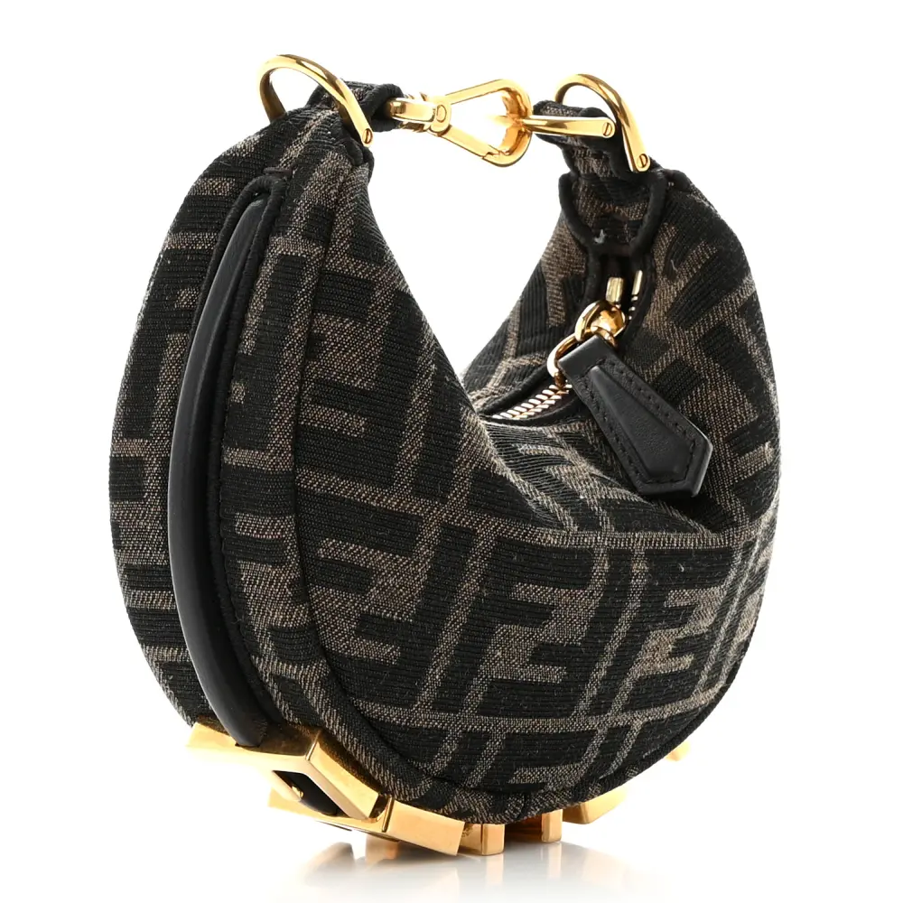 FENDI NANO FF 1974 FENDIGRAPHY HOBO CHARM TOBACCO/MORO JACQUARD FABRIC GOLD HARDWARE - Image 3