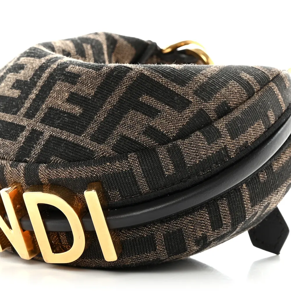 FENDI NANO FF 1974 FENDIGRAPHY HOBO CHARM TOBACCO/MORO JACQUARD FABRIC GOLD HARDWARE - Image 5