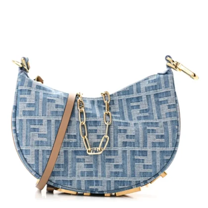 FENDI MINI FF EMBROIDERED FENDIGRAPHY HOBO BAG BLUE/SAND DENIM & KING VITELLO LEATHER GOLD HARDWARE